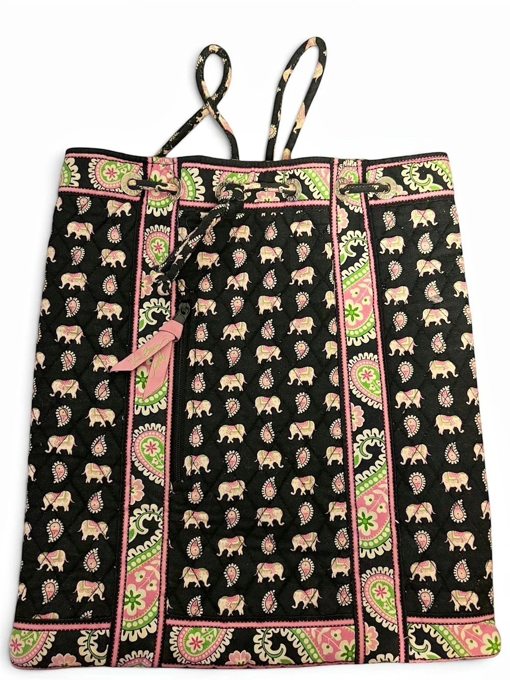 Vera Bradley Paisley Black & Pink Elephants Retired Pattern Drawstring Backpack